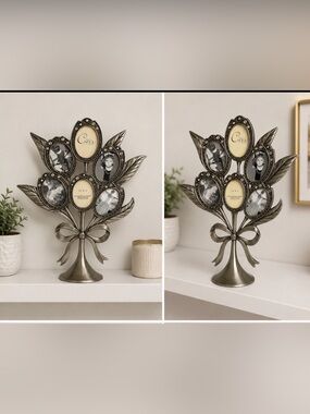 Carr Silver Tone Floral Bouquet 5 Opening Picture Frame Tabletop Decor
